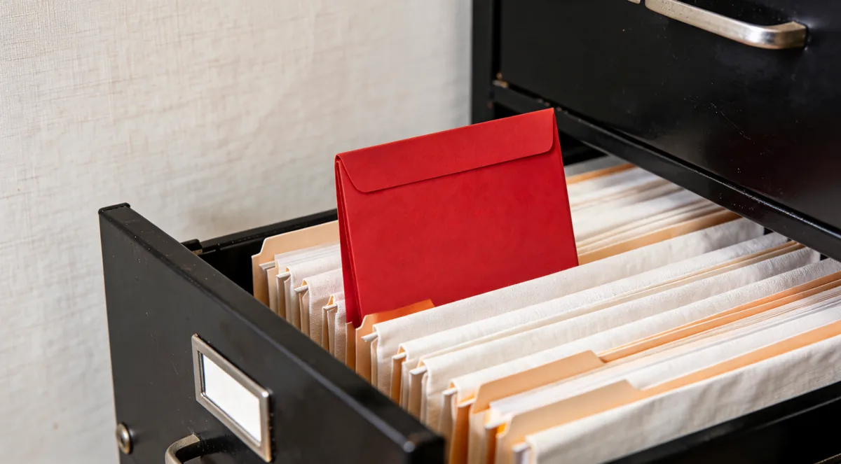 A black filing drawer of linen folders with one red file standing out