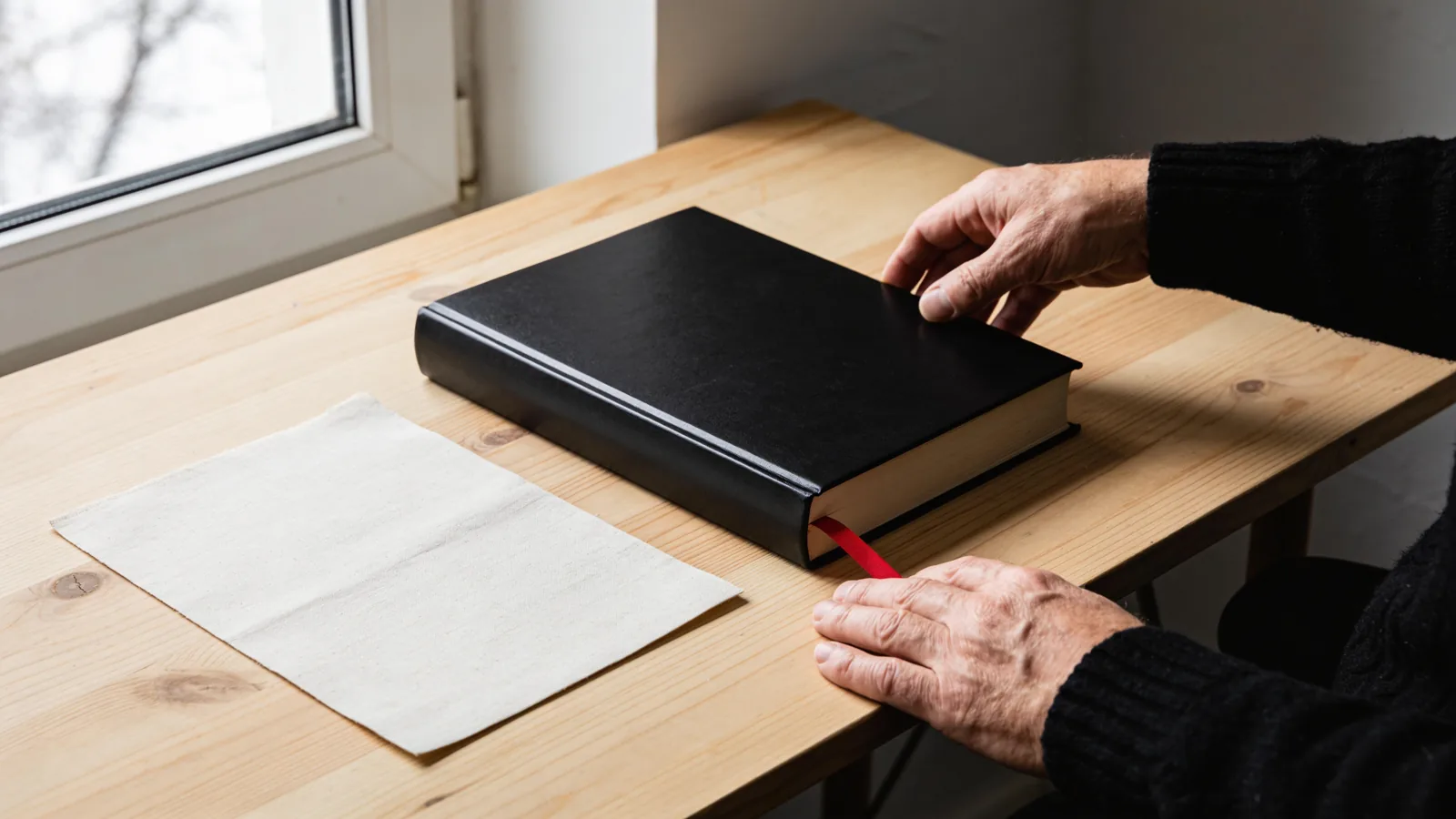 Hands closing a black ledger with a red ribbon marker